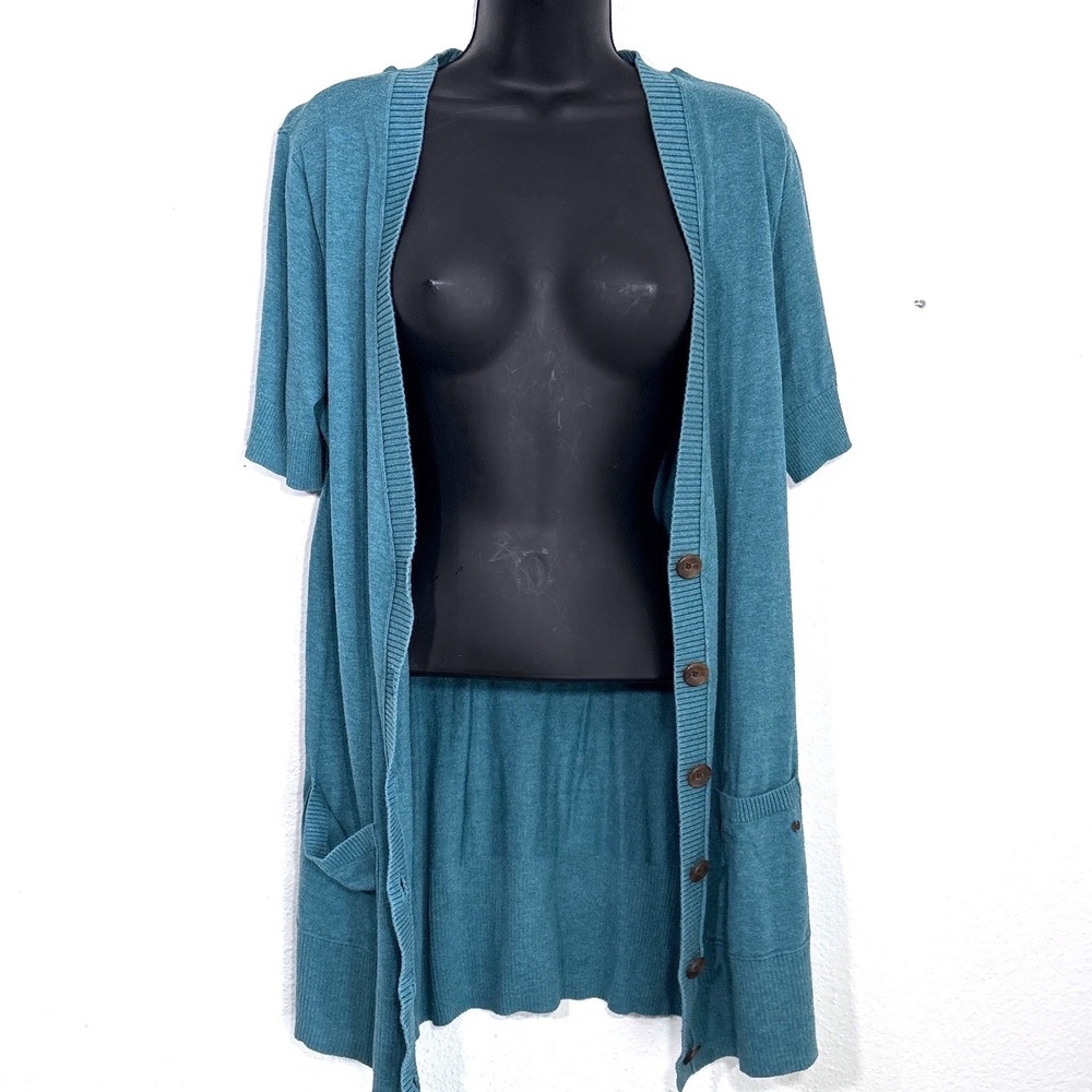 Eddie Bauer M Short Sleeve Cardigan Sweater Teal Blue Button Pockets Bella Swan - Picture 4 of 13